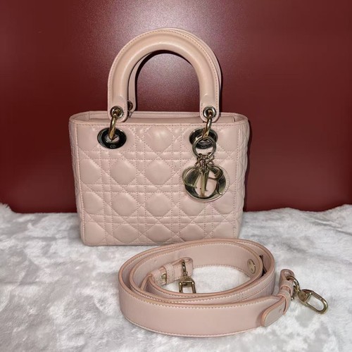 Authentic Christian Dior Lady tote bag in light pink cannage lambskin leather