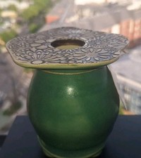 Art Pottery Vase- Karen Witner-Effloresco Green Glaze & Faux Wood Floral Patten