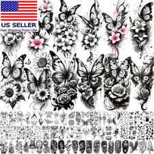 72 Sheets Large Rose Flowers Butterfly Temporary Tattoos for Women Half Arm Slee