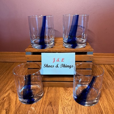 LIBBEY Blue Ribbon Twist Swirl Set Of 4 Double Old Fashioned Glasses w/Indents