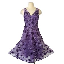 Teri Jon by Rickie Freeman Tulle Tea-Length Midi Dress Floral Appliques Lilac 6