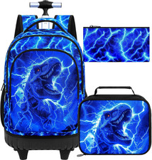 3PCS Rolling Backpack for Boys, Kids Lightning Dinosaur Roller Backpacks with Wh