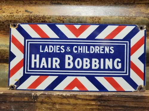 VINTAGE HAIR BOBBING PORCELAIN SIGN OLD BARBERS SHOP HAIR SALON LADIES CHILDREN