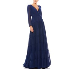Mac Duggal 55311 Blue Evening Gown Chiffon Long Sleeve Ruffle Skirt Dress Size 6