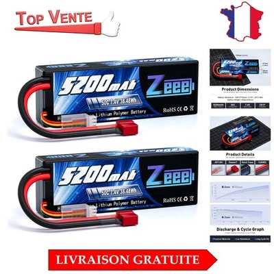 Performances Optimales avec Batteries LiPo 2s 5200mAh 7,4V - Kit de 2 pour RC - Photo 1/4