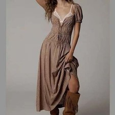 Reformation Brown Gingham Smocked Midi Dress Tie Front Puff Sleeve 4