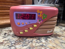 Vintage 2000 Mattel Barbie Alarm Clock Radio BE-107 Pink and Purple.  WORKS!