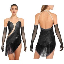 Womens Dancewear Tango Leotard Costume Bodysuit Gloves Jumpsuit Party Dance Hem