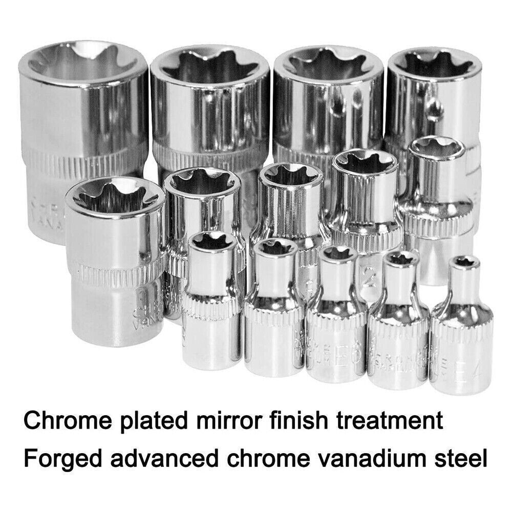 14 Pcs E Torx Star Female Bit Socket Set 1/2" 3/8" 1/4" Drive E4 -E24 with Case⭐