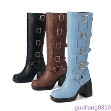 Women's Faux Leather Knee High Boots Multi Buckle Shoes Block Heel Platform Chic