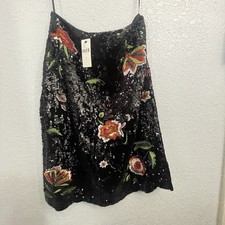 Anthropologie Black Sequin Skirt 2 Floral Sparkly A-Line Cocktail Knee Length
