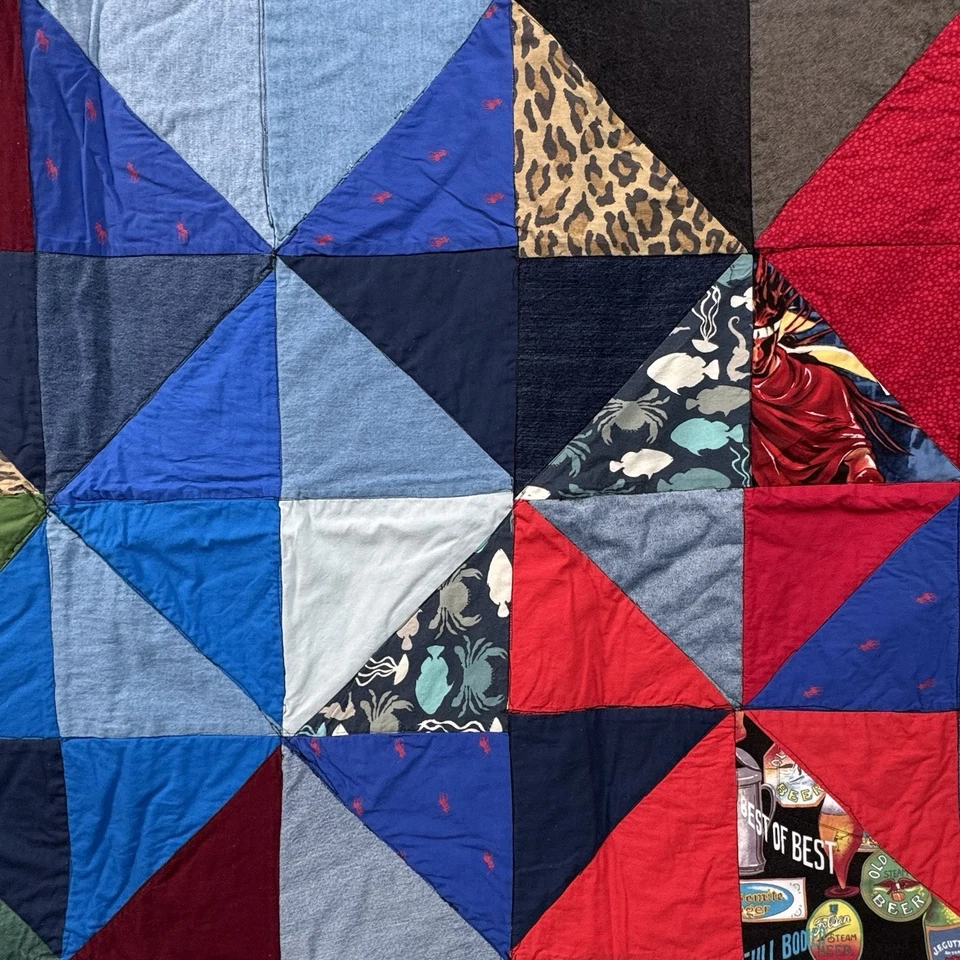 Handmade Square Patchwork Quilt Denim Edging Polo Pony Nautical 65”x65” - Image 4 of 4