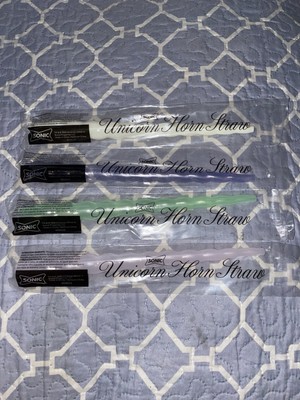 SONIC DRIVE IN Unicorn Horn Boba Straws Lot Of 4 Full Set Color Changing Glitter