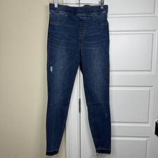 Spanx Jeans Womens L Ankle Skinny Pull on Distressed Raw Hem Stretch Denim Blue