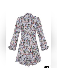 PrettyLittleThing Floral High Neck Long Sleeve Mini Dress Ruffle Hem 