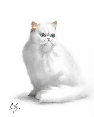 ORIGINAL Oil Cat Portrait Painting PERSIAN White Kitten Artist Signed ...