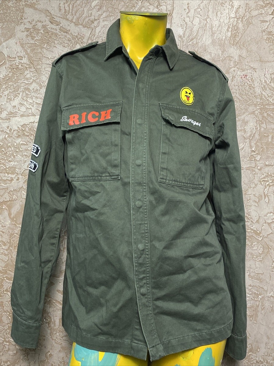Forever 21 Men's Large Savages Green Military Jacket Snap Button Long Sleeve
