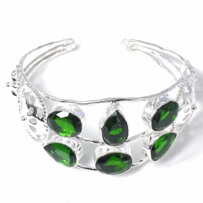 Chromdiopsid Edelstein Handarbeit 925 Sterling Silber Schmuck Armreif Gr. 7-8