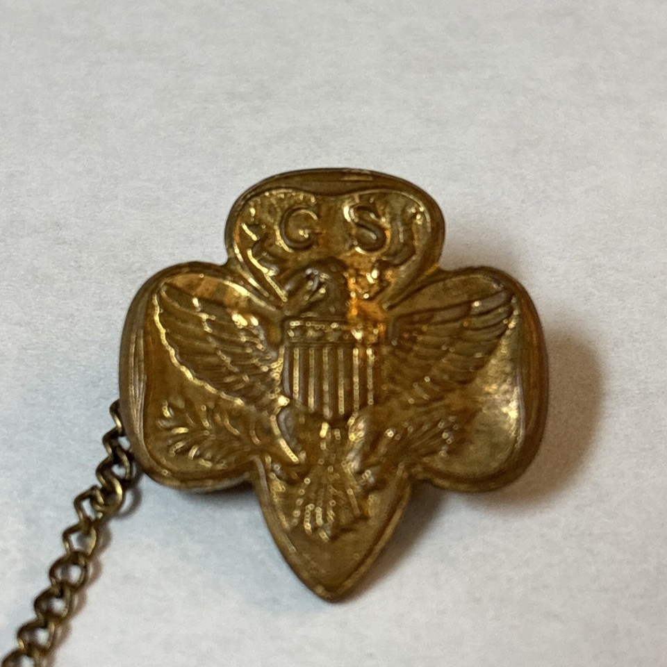 Vintage Girl Scout Trefoil Pin Brooch Girl On Attached Hanging Chain