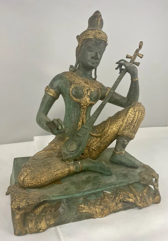 Vintage Gilt Bronze Thai Prince Deity Figure Playing a Lute Circa 1950's - Image 4 of 4