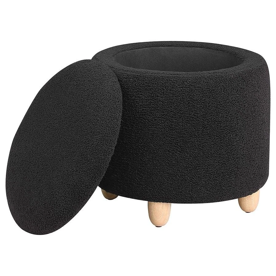 Valia Faux Sheepskin Upholstered Round Storage Ottoman Black - Image 2 of 4