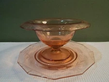 Pink Depression Glass Rolled Edge Pedestal Compote with Matching Plate