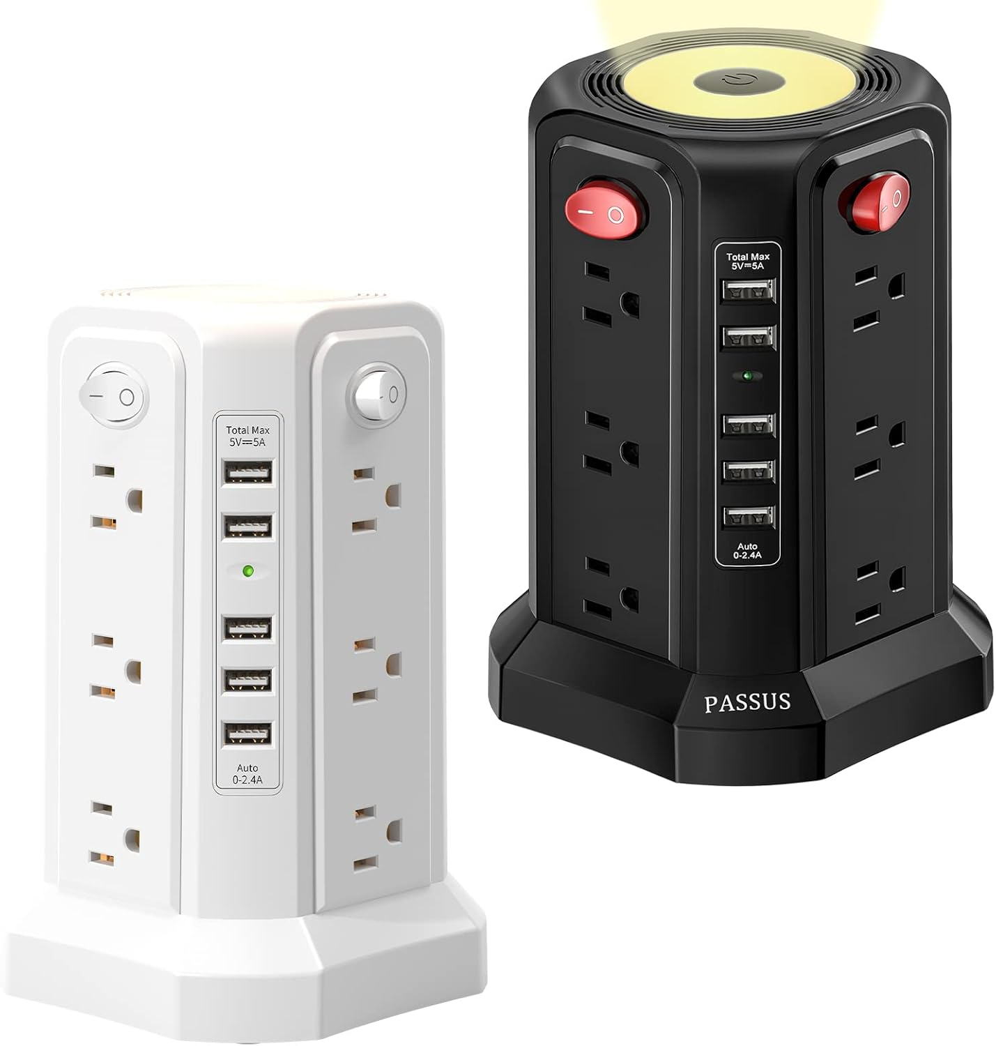 Surge Protector Power Strip Tower with 5 USB Ports and Night Light, 10FT Extensi-image