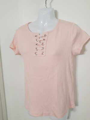 Preowned $129 Rafaella Women'S Pink Cotton Lace-Up Scoop-Neck Casual T-Shirt M