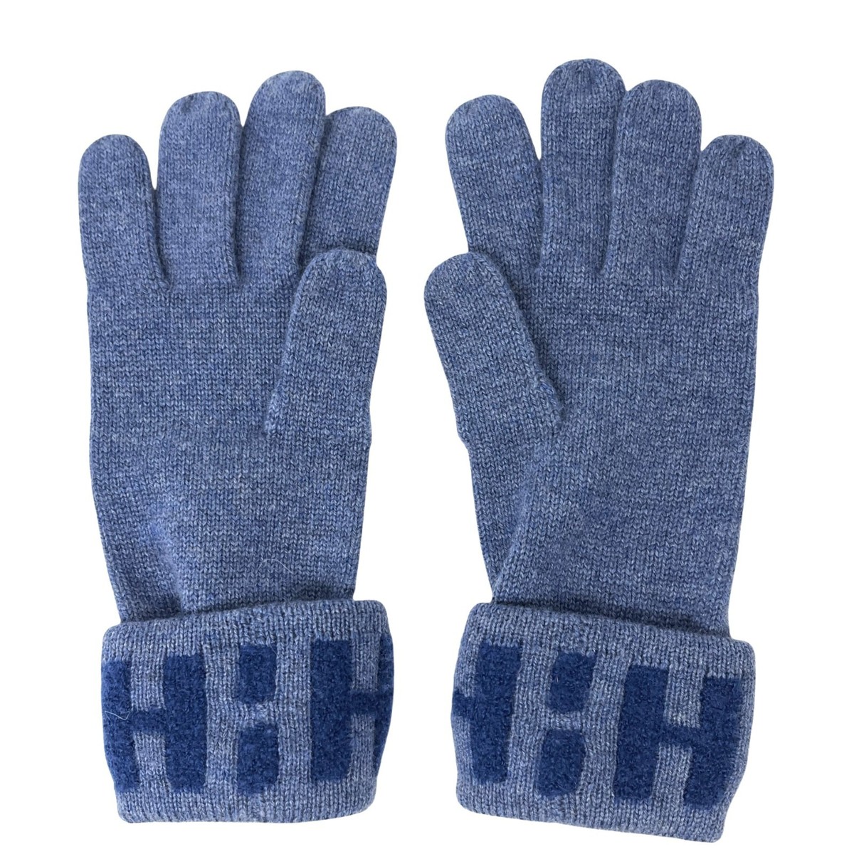 HERMES Vintage H Logo Gloves #S Knit Fashion Winter Accessory Blue