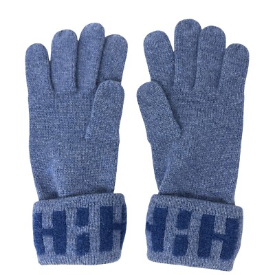 HERMES Vintage H Logo Gloves #S Knit Fashion Winter Accessory Blue