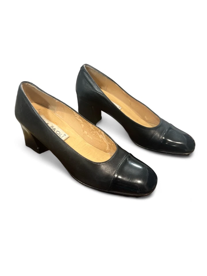 Zapatos de salón Mila Paoli negros de tela negra suela de cuero superior carrera tacón pequeño EE. UU. 6,5 Foto 2 de 4