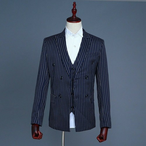 Uomo 3 Pezzi Abito a Righe Canotta Pantaloni Doppio Petto Peak Lapel Vestito  | eBay