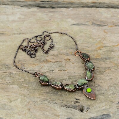 Green Tourmaline Rough Copper Love Gift Electroformed Adjustable Necklace 18.0''