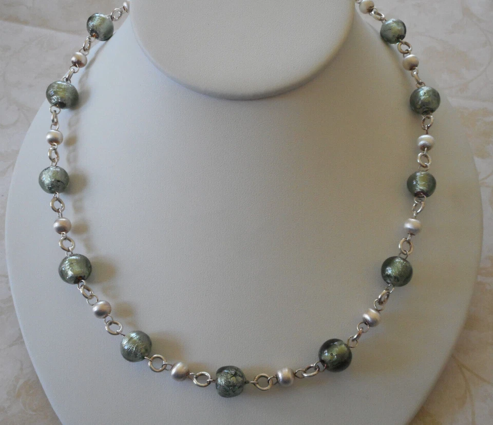 Collar Milor Italiano Plata de Ley Vidrio Romano y Perla 19.5" RE41C Foto 2 de 4