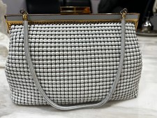 White Beaded Evening Bag Gold Frame Unbranded 60s Style Glam Purse Vintage