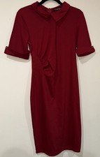 Maroon Collared Dress, Size S , Ruched Waist, Cuff Sleeves, Collar, Zip Back,Red