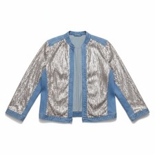 Chicos Jacket Women 2 Denim Embellished Sequins Open Front Size Large 12