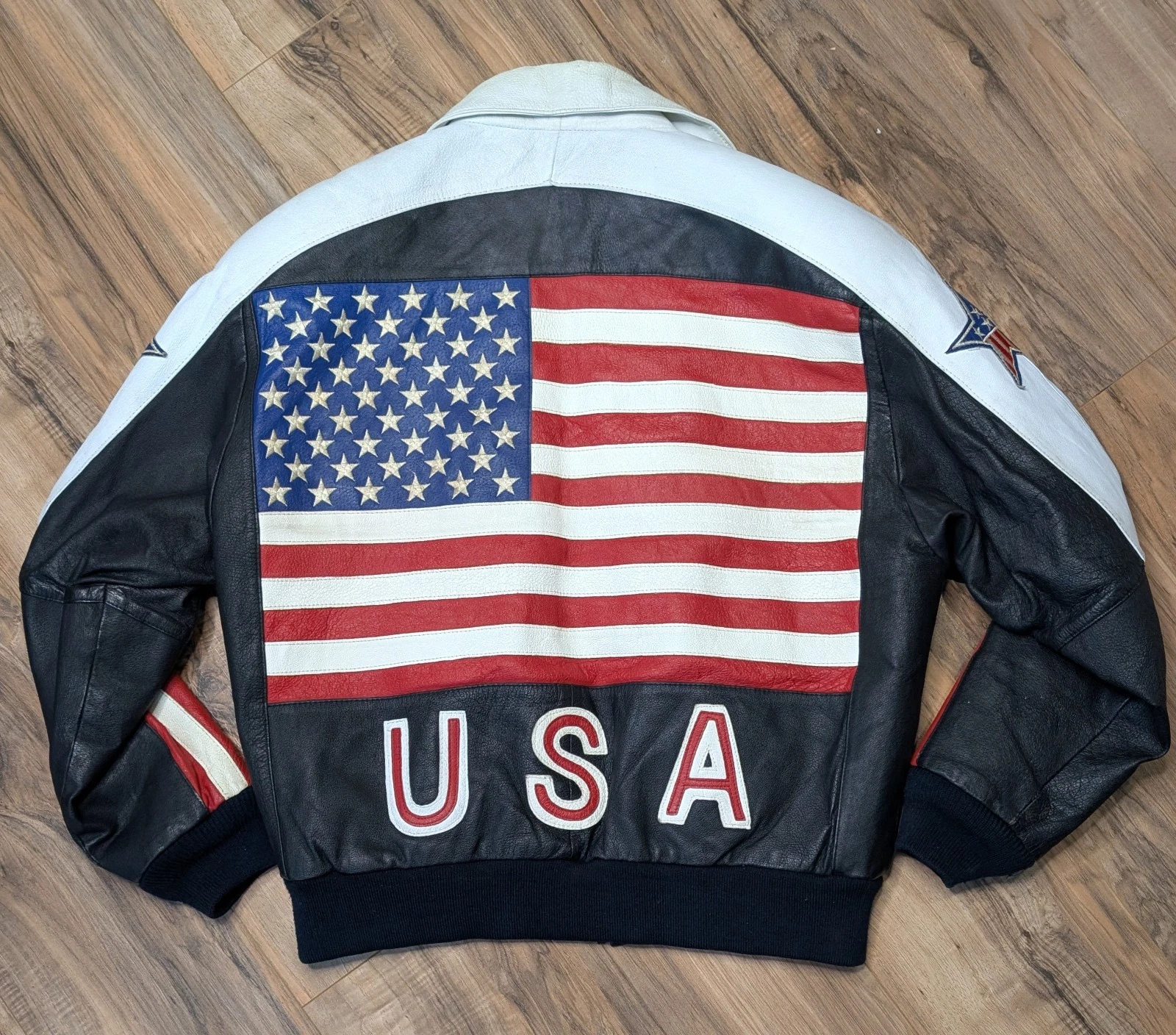 Rare Vintage USA Black Leather Jacket Gino Leathers Star Patches Size L 250th image 1