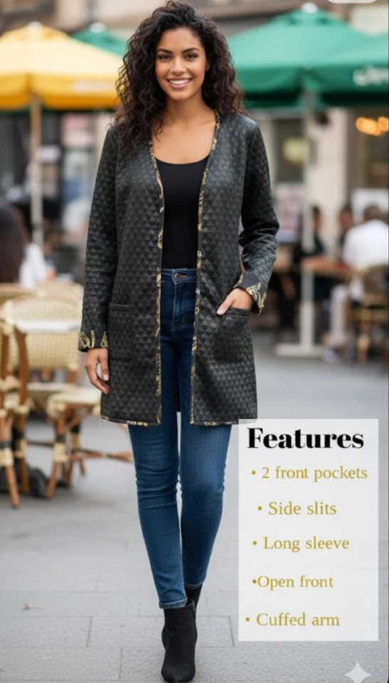 Chaqueta acolchada de manga larga Roz & Ali negra/dorada con frente medio abierto para mujer Foto 4 de 4