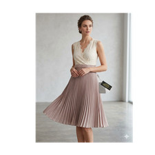 Love21 Beige Lace Pleated A-Line Dress V-Neck Sleeveless Knee Length L/6
