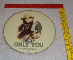 VINTAGE 1954 NOS SMOKEY THE BEAR FOREST FIRE PREVENTION 10" PORCELAIN METAL SIGN