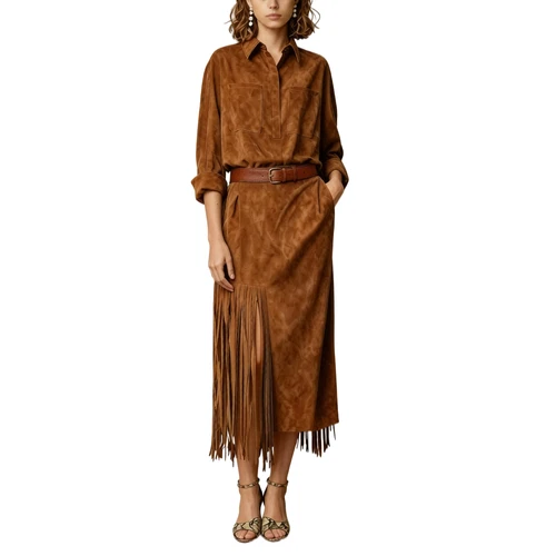 Women's Faux Suede Fringe Midi Dress Long Sleeve Belted Shirt Dress with Pockets