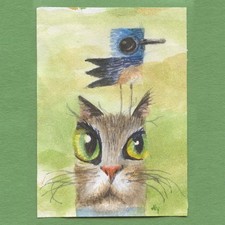 ACEO original painting art card pop surreal Watercolor Cat 95 Tim Olly