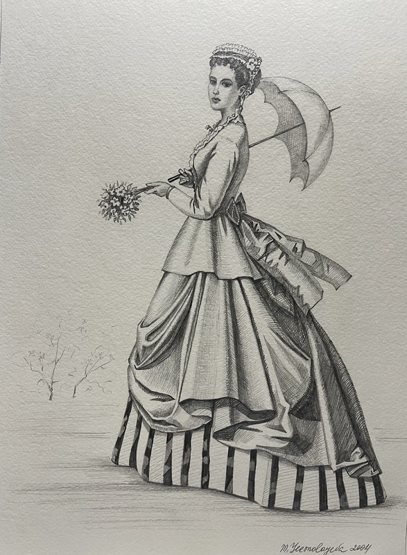 Original Drawing Ryta Antique Style Lady Fashion Portrait Dress Woman Art Flower
