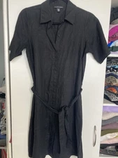Saks Fifth Avenue Black Linen Cotton Button Down collared Short Sleeves Dress XS