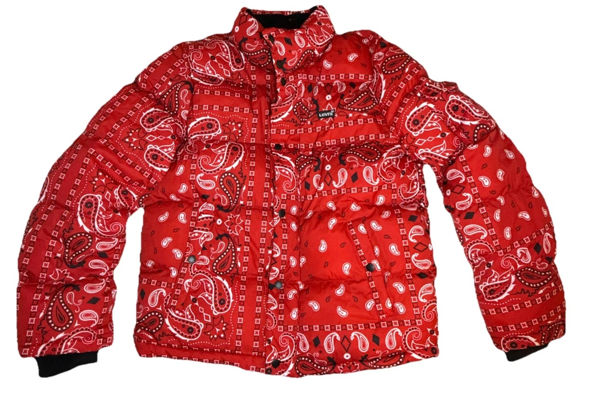 Mens Levi's Red Paisley Bandana Puffer Jacket Coat Size Small S NWT