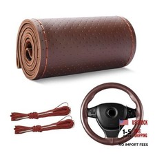 Genuine Leather Steering Wheel Cover, Anti-Slip Leather Full Hole Coffee