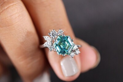 2.60CT Cyan Blue Hexagon Moissanite Engagement Ring, Art Deco Marquise Muse Ring
