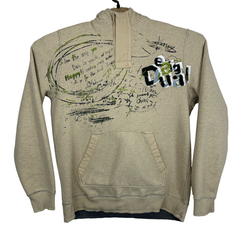 Desigual Hoodie Mens XL Beige Pullover Sweatshirt Jumper Embroidered Heavyweight