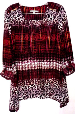 NY Collection Top S Flowy Boho Silky Artsy Tab Sleeve Trapeze Hem Tunic Shirt